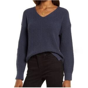 Madewell Sweater Womens Small Blue Ridgeton Pullover Knit V Neck Cotton Ribbed